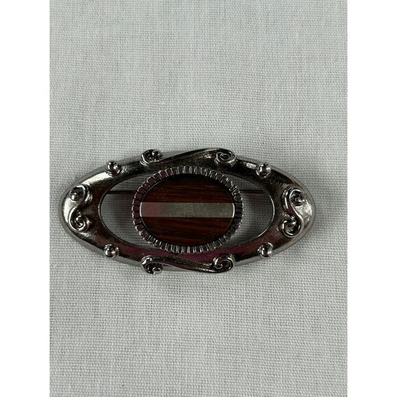 Vintage GJD Ginnie Johansen Silver Toned & Wood Brooch, Modernist, Signed - Picture 1 of 7